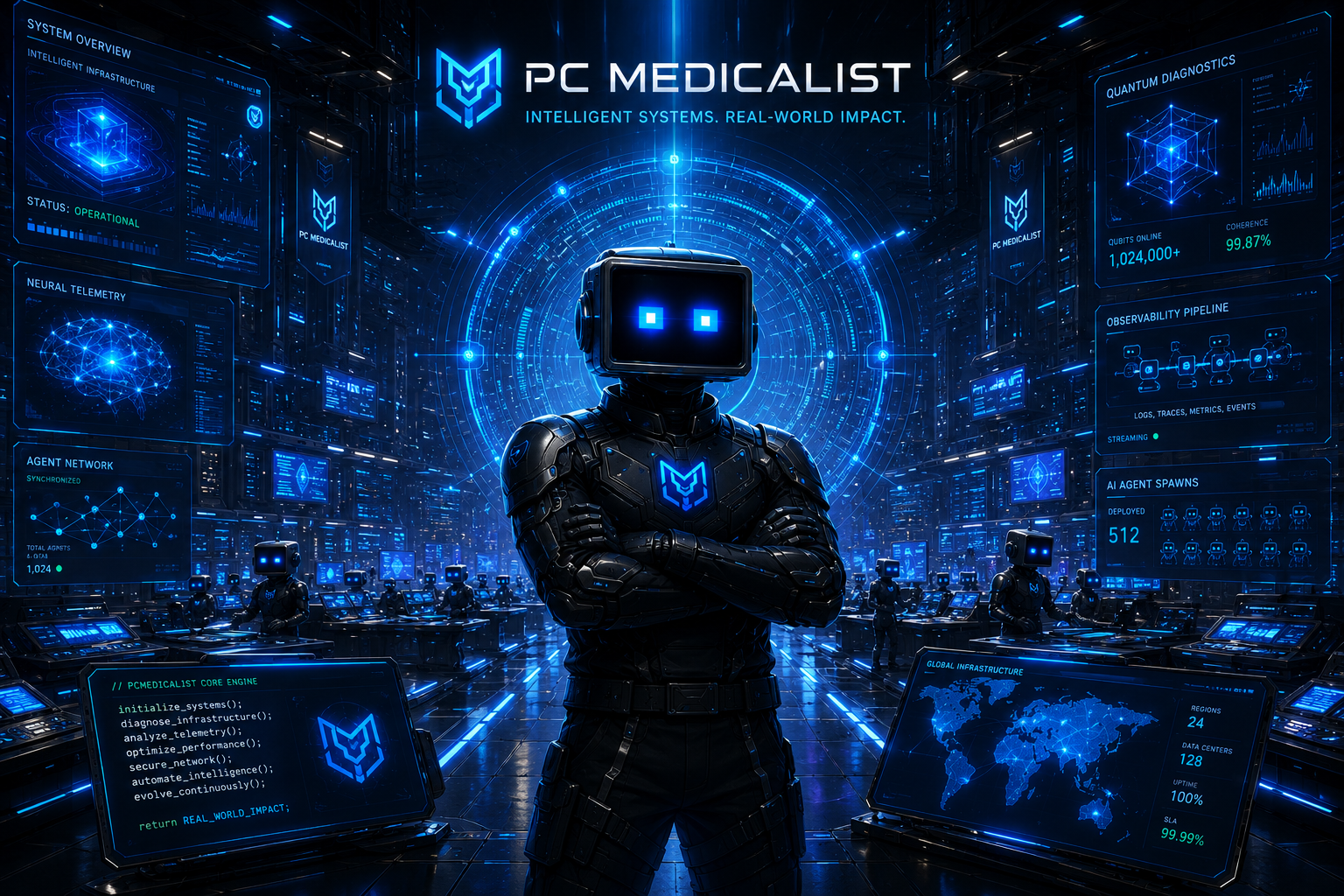 PC Medicalist wallpaper - cyberpunk robot avatar with glowing eyes